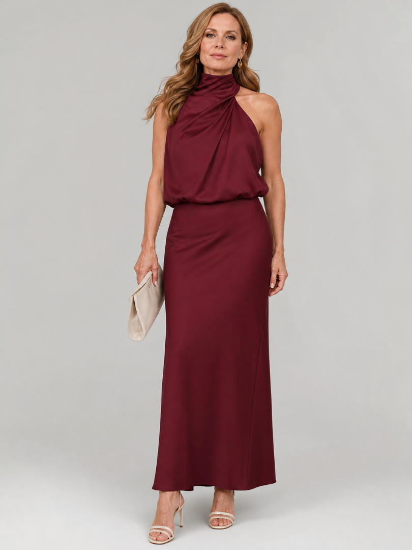 draped neck midi dress Oleandra | Light BLUE High-Neck Midi-Dress With Draped-Detail