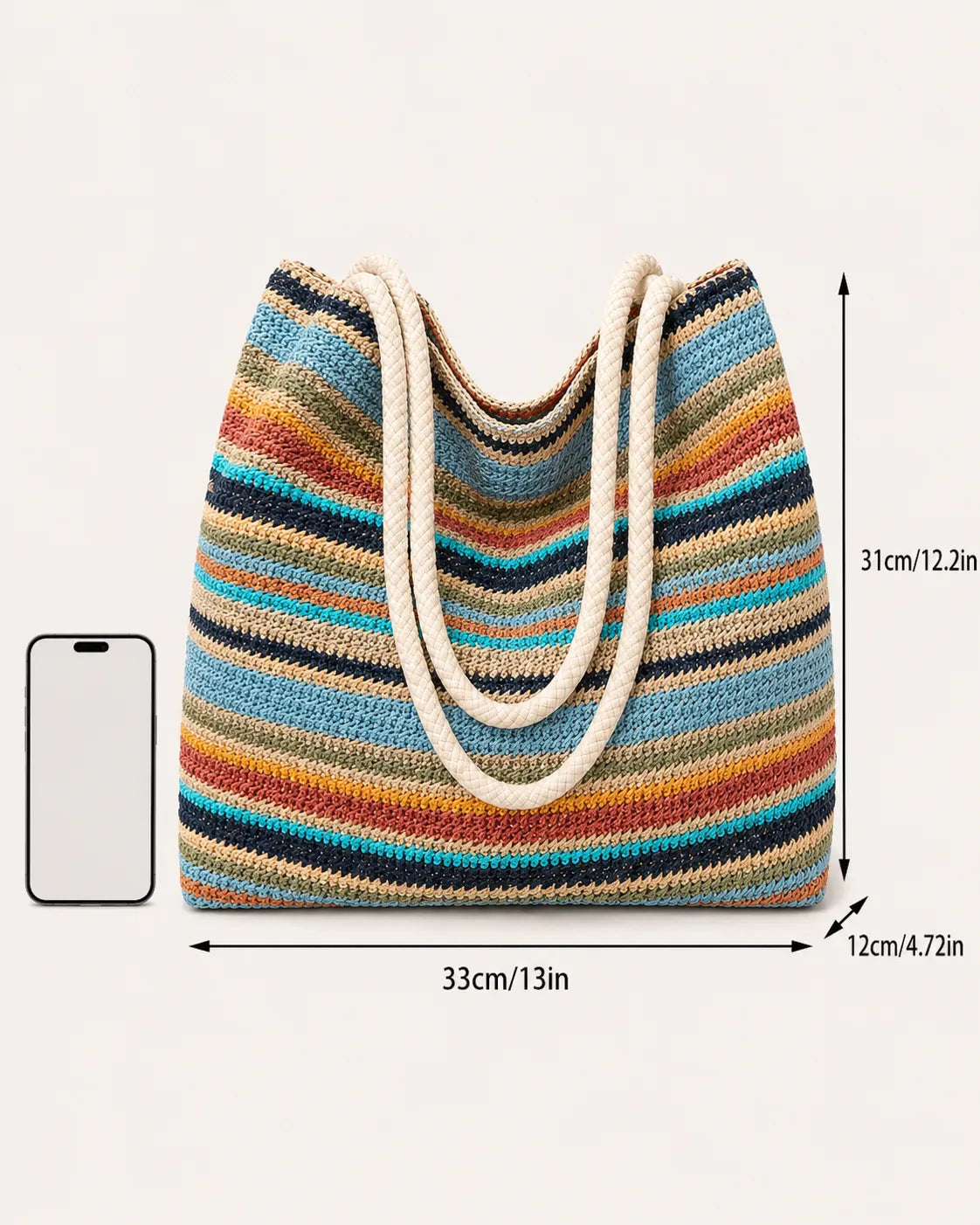 Multicolor Striped Woven Tote Bag with Rope Handles