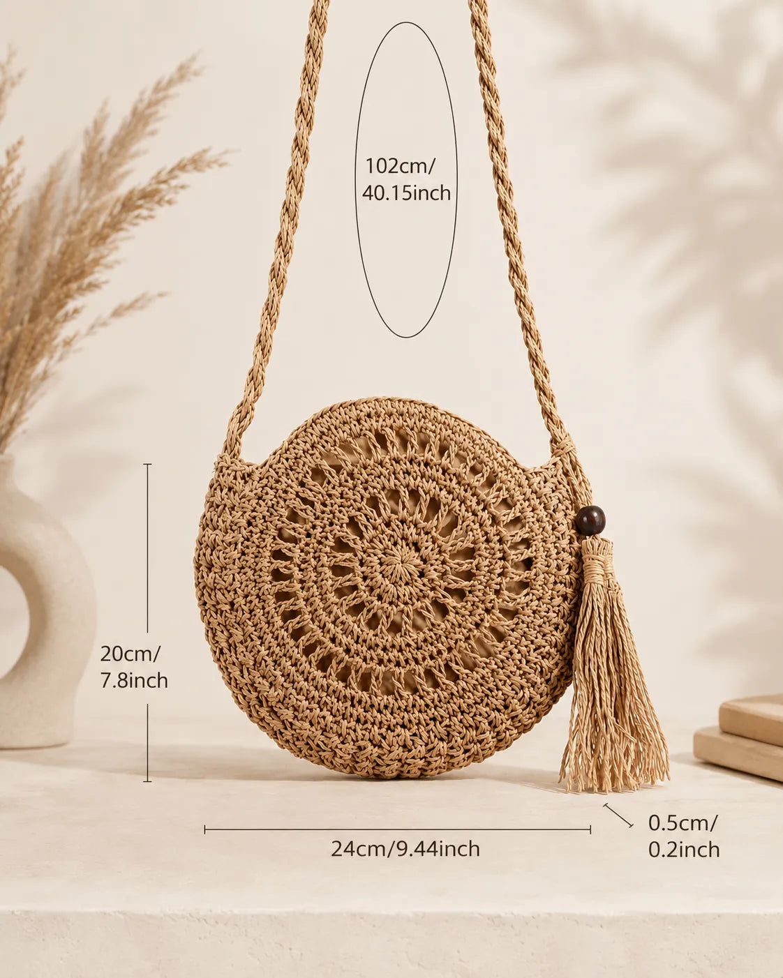 Round Woven Crossbody Bag with Tassel