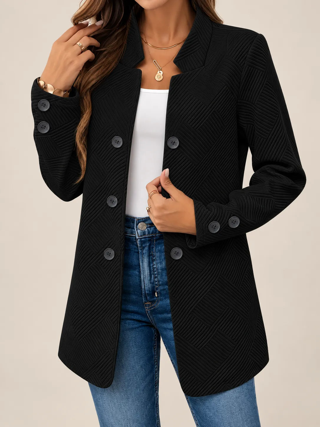 Marceline | Textured Double-Breasted Longline Jacket