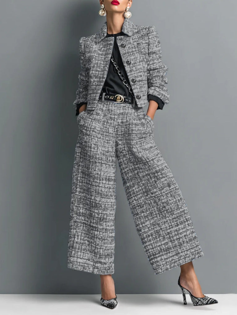 Tweed Print Blend Single-Breasted Cropped Jacket And Wide-Leg Pants Set