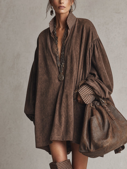 Vintage Brown Faux Suede Striped Shirt Collar Oversized Mini Dress