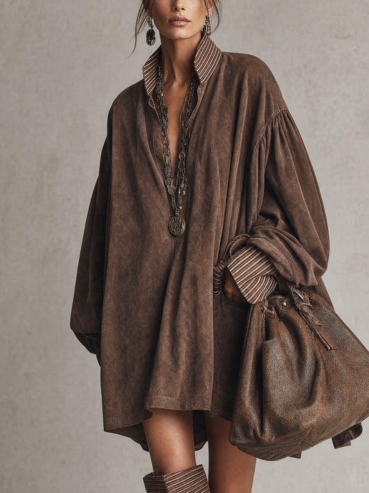 Vintage Brown Faux Suede Striped Shirt Collar Oversized Mini Dress