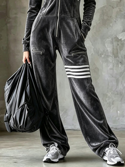 Velvet Hooded Zipper Wide Leg Jumpsuit