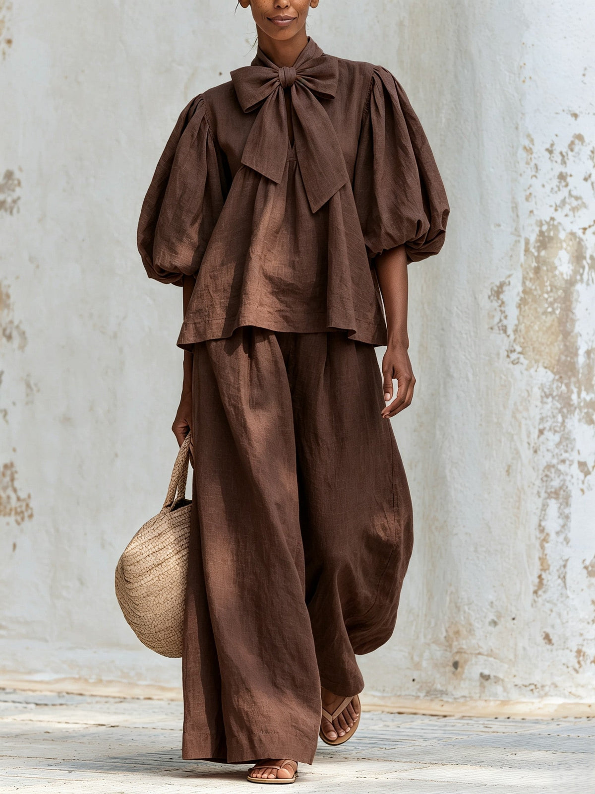 Linen-Blend Bow Tie Puff Sleeve Top & Wide-Leg Pants Set