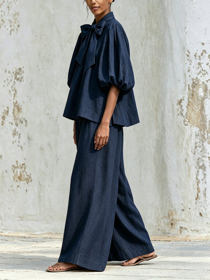 Linen-Blend Bow Tie Puff Sleeve Top & Wide-Leg Pants Set