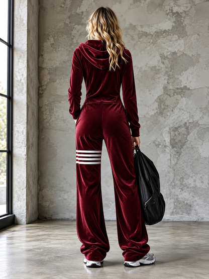 Velvet Hooded Zipper Wide Leg Jumpsuit
