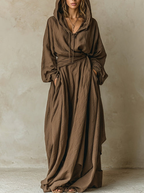 Brown faux cotton linen hooded loose maxi dress