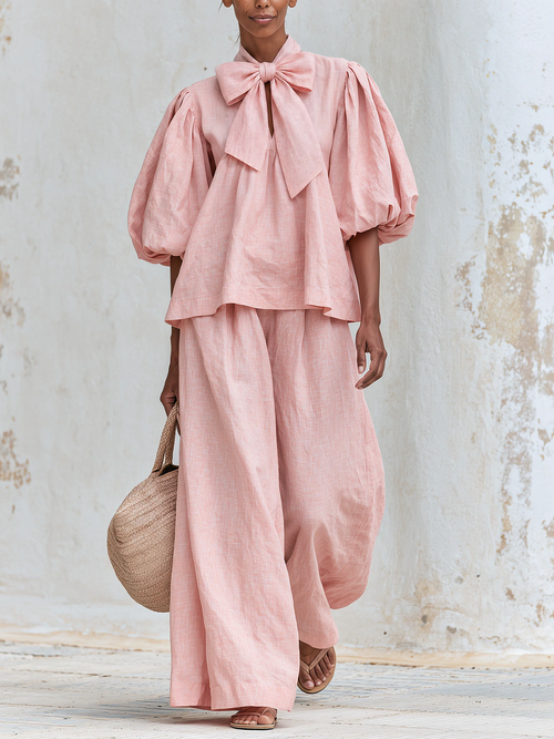 Linen-Blend Bow Tie Puff Sleeve Top & Wide-Leg Pants Set