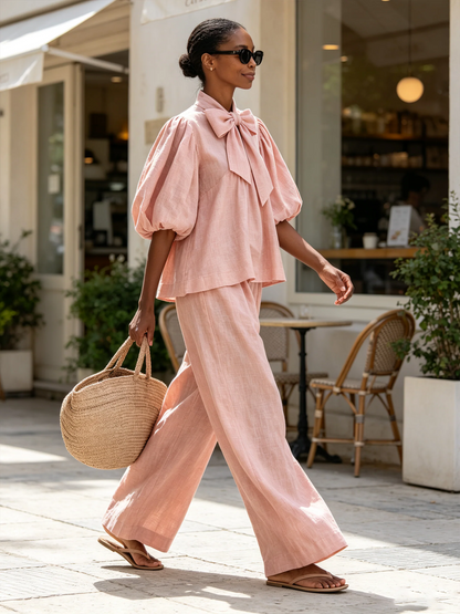 Linen-Blend Bow Tie Puff Sleeve Top & Wide-Leg Pants Set