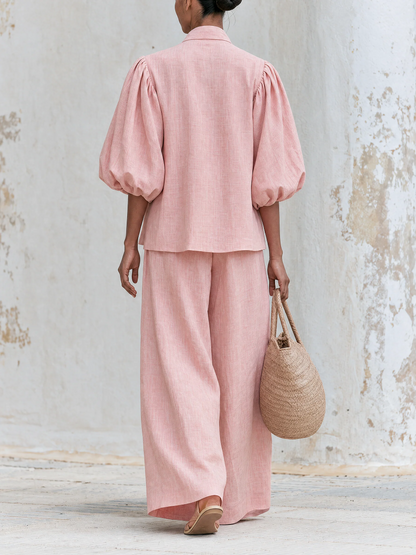 Linen-Blend Bow Tie Puff Sleeve Top & Wide-Leg Pants Set