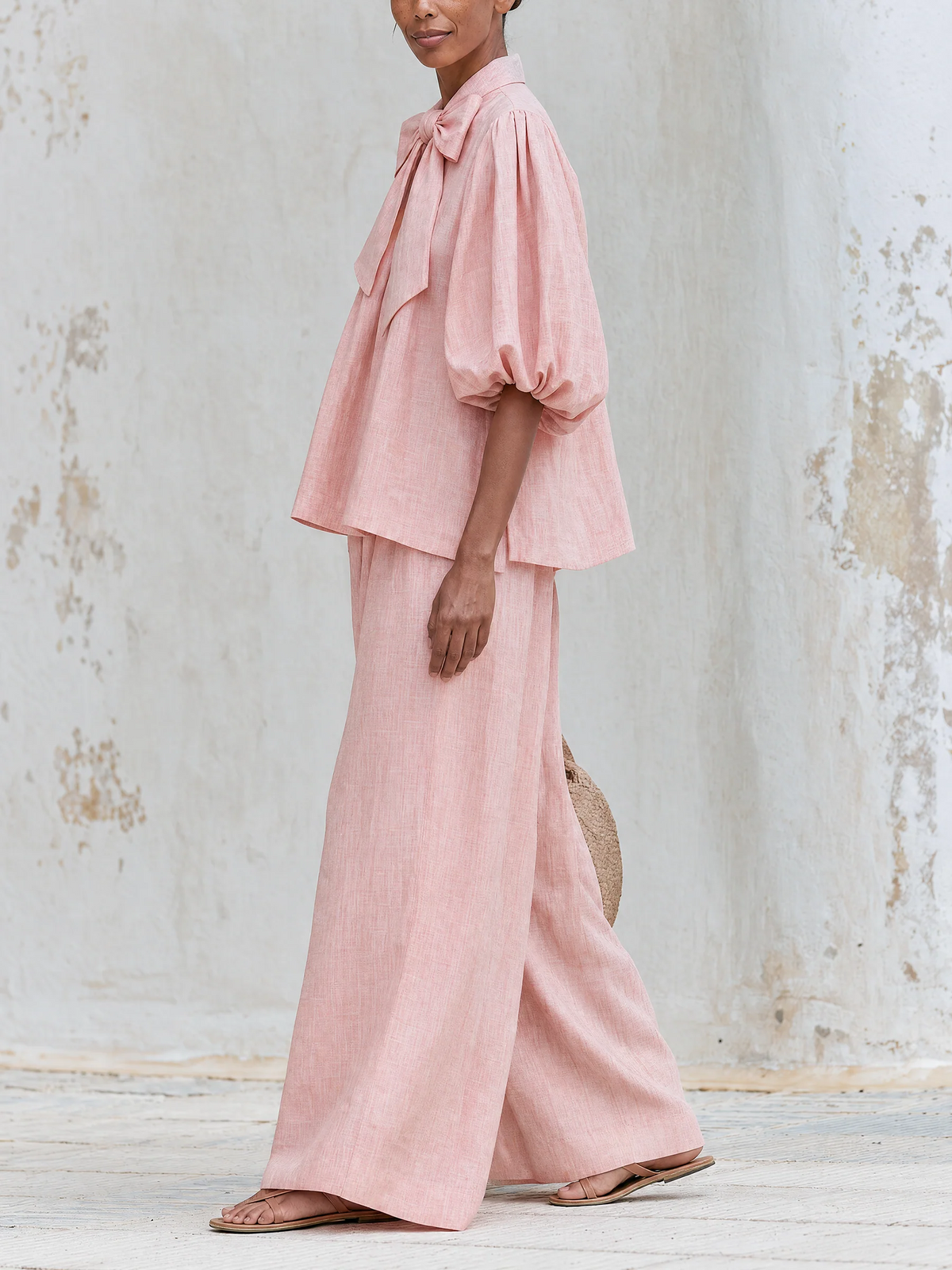Linen-Blend Bow Tie Puff Sleeve Top & Wide-Leg Pants Set
