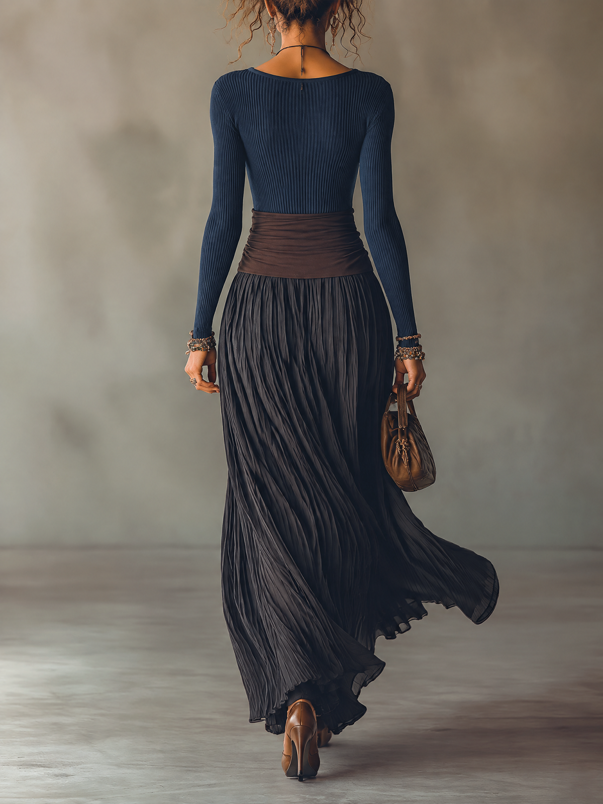 Navy Ribbed Knit Top And Waist Color Block Pleated Maxi Skirt Set