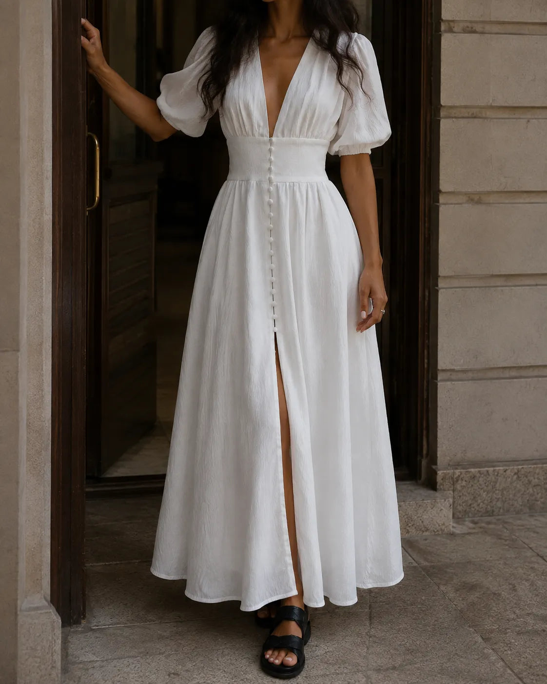 Evelyn | Elegant Deep V-Neck Button Front Maxi Dress