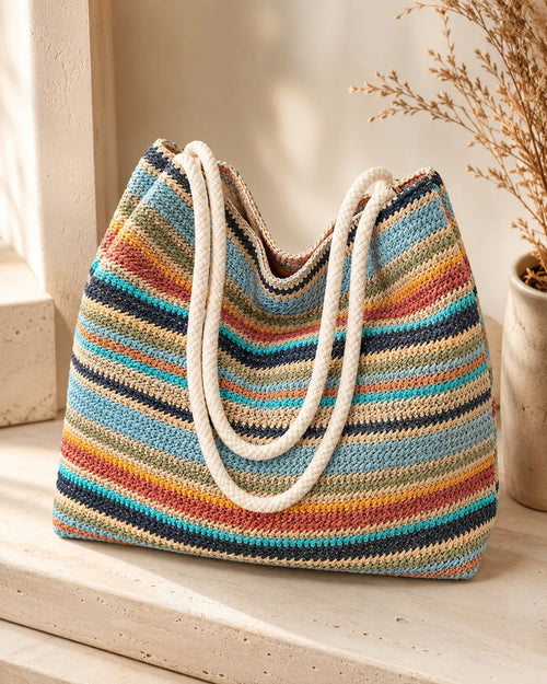 Multicolor Striped Woven Tote Bag with Rope Handles