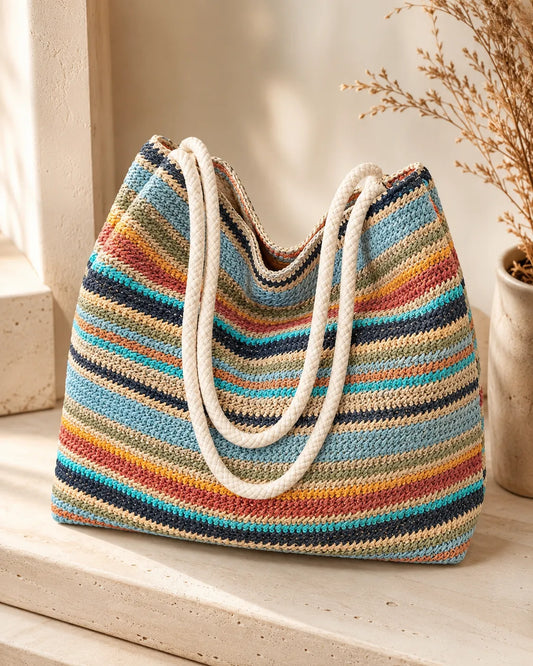 Multicolor Striped Woven Tote Bag with Rope Handles