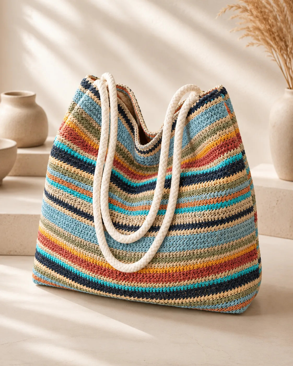 Multicolor Striped Woven Tote Bag with Rope Handles