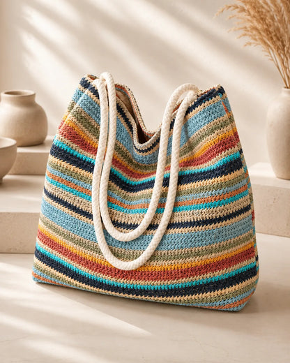 Multicolor Striped Woven Tote Bag with Rope Handles