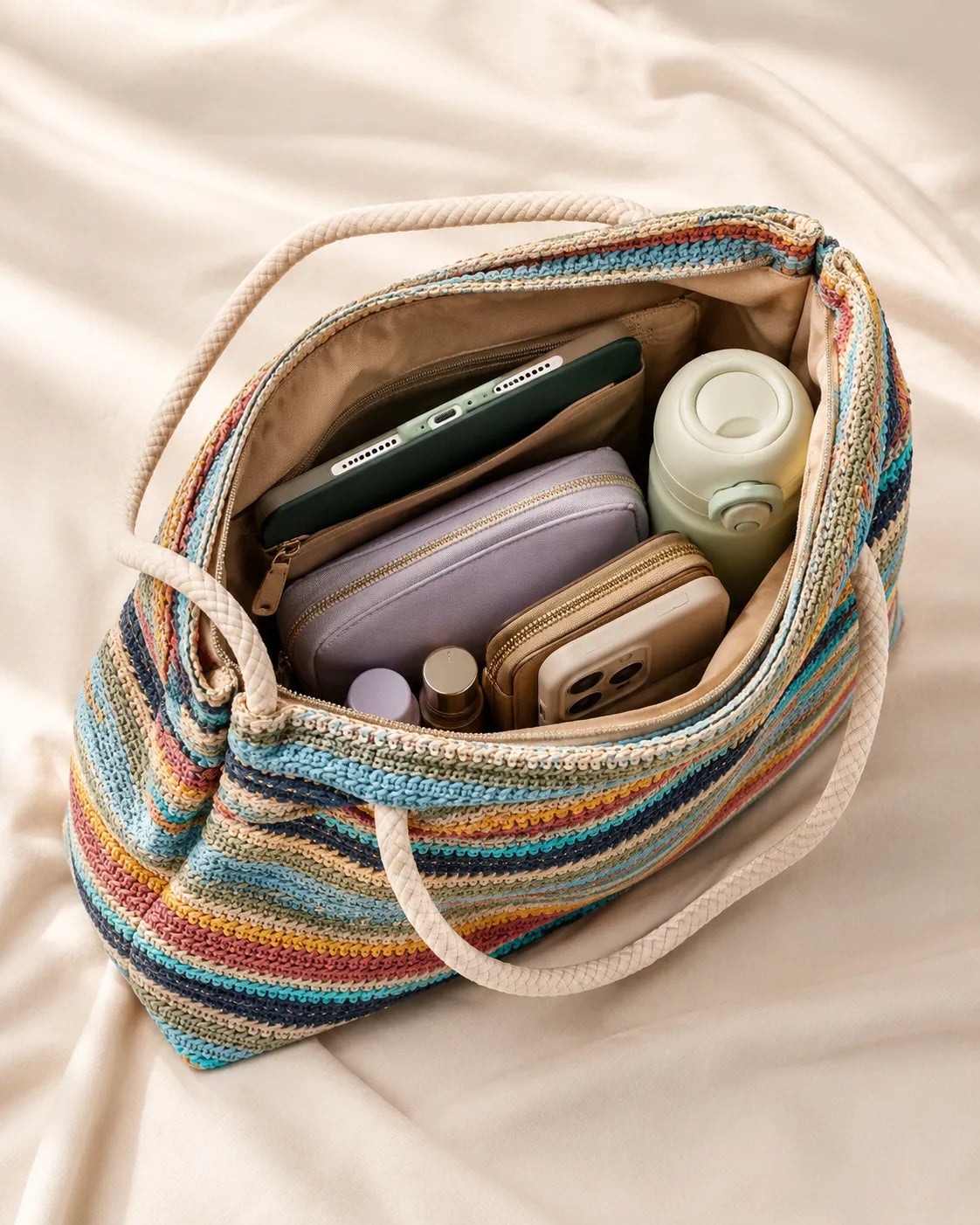 Multicolor Striped Woven Tote Bag with Rope Handles