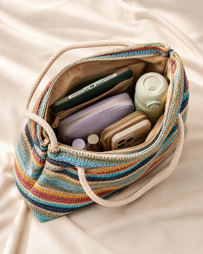 Multicolor Striped Woven Tote Bag with Rope Handles