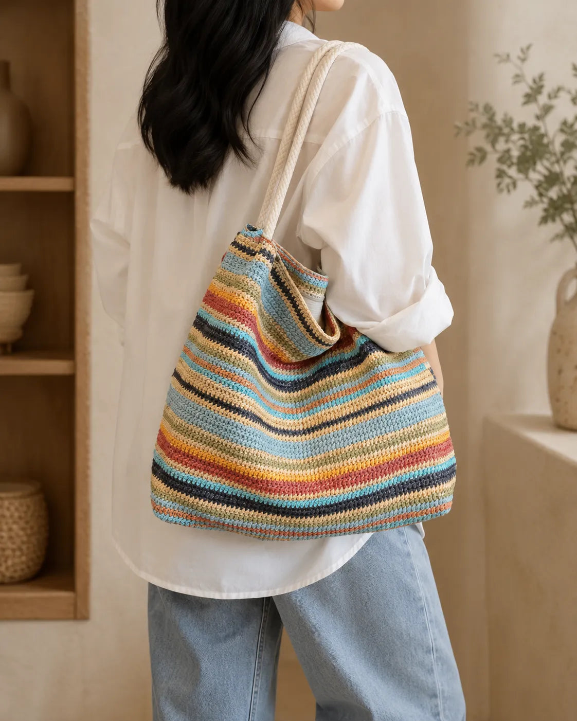 Multicolor Striped Woven Tote Bag with Rope Handles