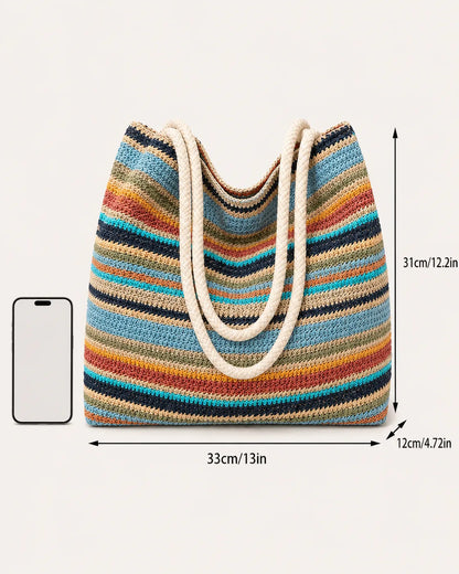 Multicolor Striped Woven Tote Bag with Rope Handles