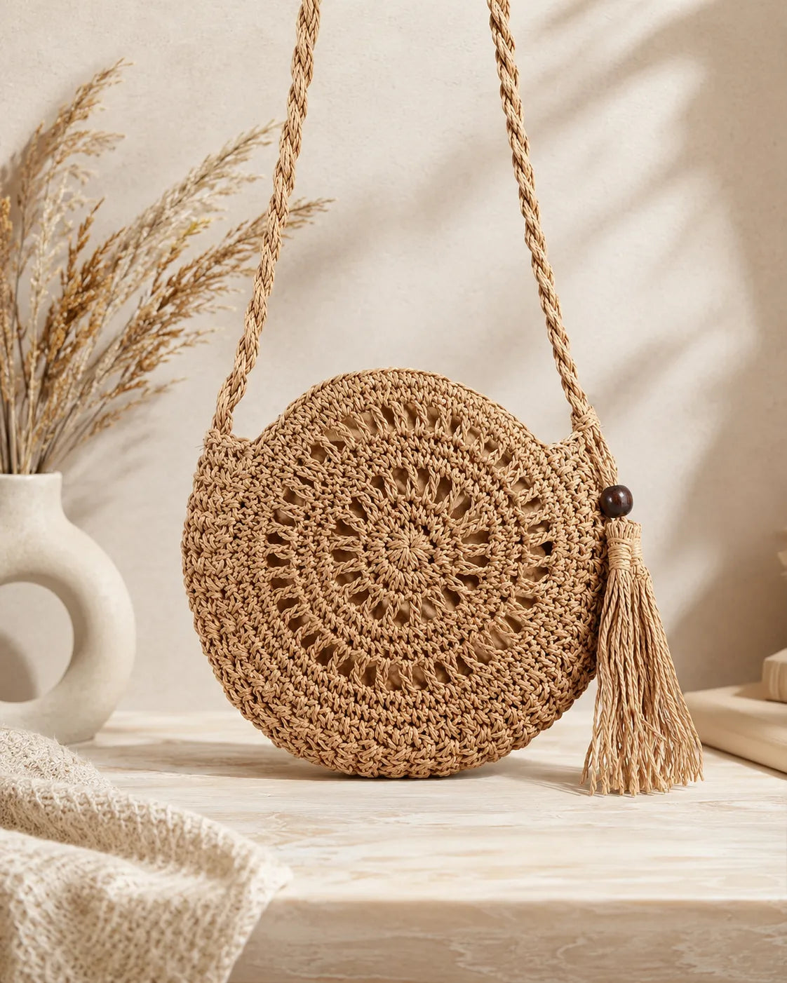 Round Woven Crossbody Bag with Tassel