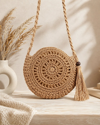 Round Woven Crossbody Bag with Tassel