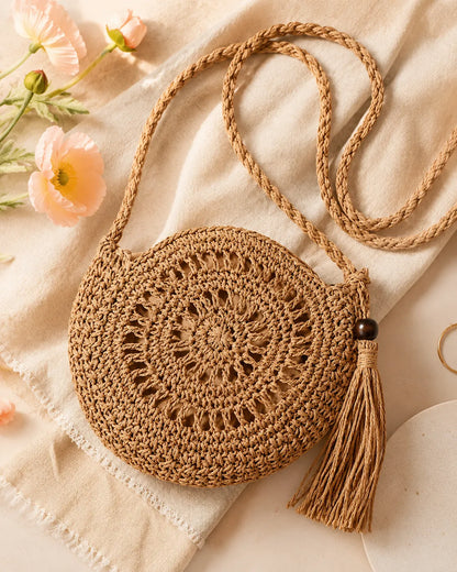 Round Woven Crossbody Bag with Tassel