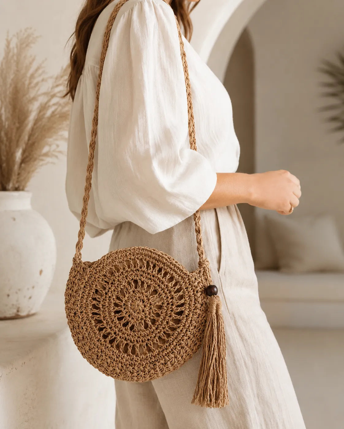 Round Woven Crossbody Bag with Tassel