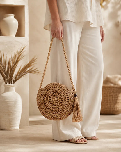 Round Woven Crossbody Bag with Tassel