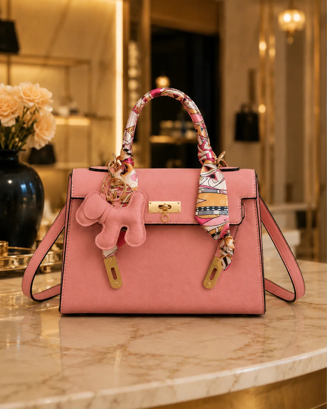 Celeste | Elegant Structured Top Handle Satchel with Silk Scarf Charm
