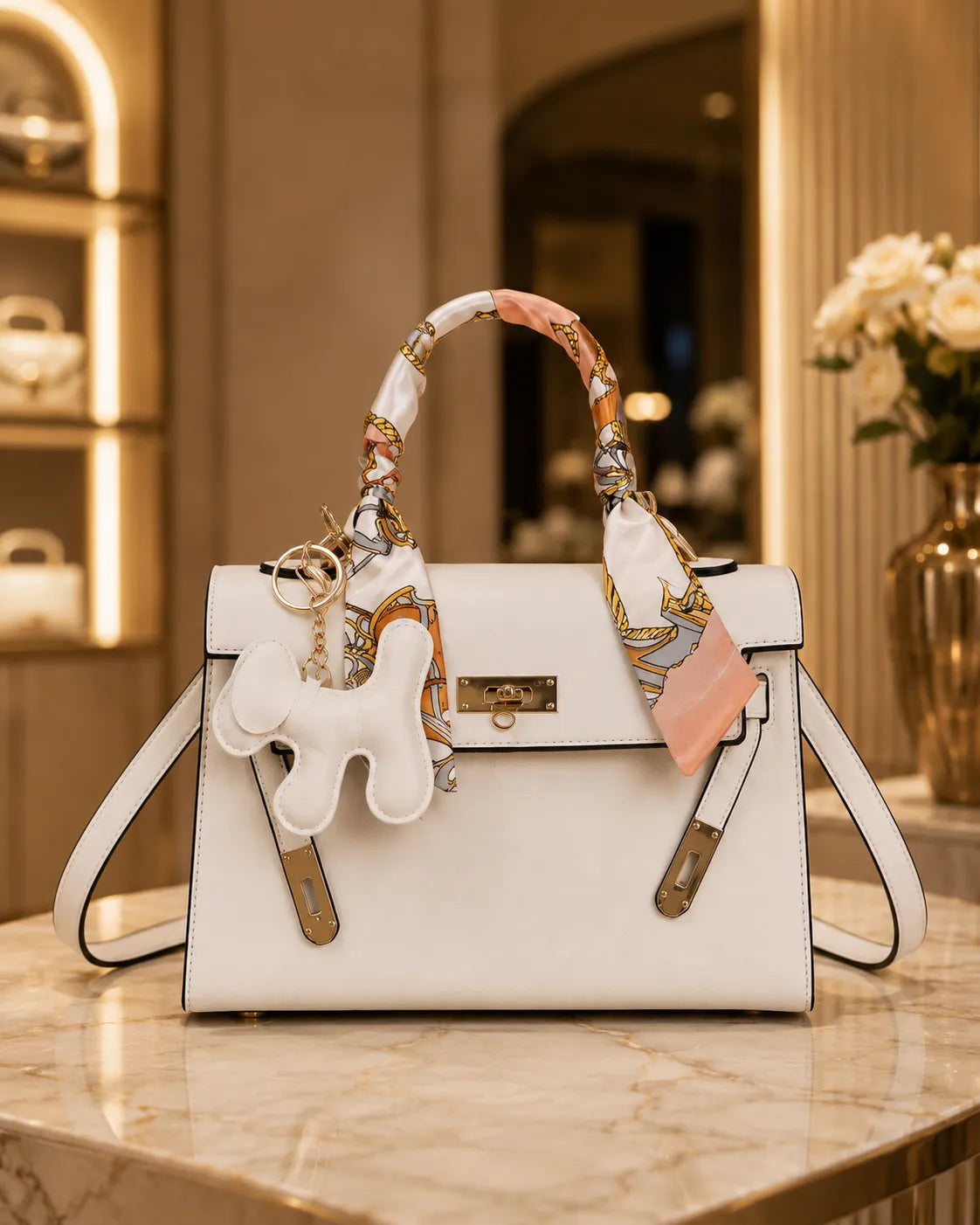 Celeste | Elegant Structured Top Handle Satchel with Silk Scarf Charm