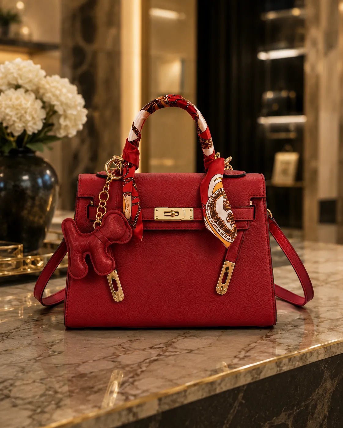 Celeste | Elegant Structured Top Handle Satchel with Silk Scarf Charm