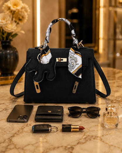 Celeste | Elegant Structured Top Handle Satchel with Silk Scarf Charm