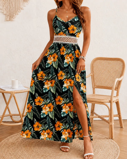 Isla Breeze Tropical Lace Waist Maxi Dress