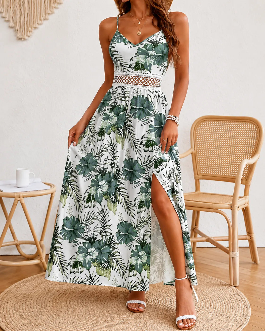 Isla Breeze Tropical Lace Waist Maxi Dress