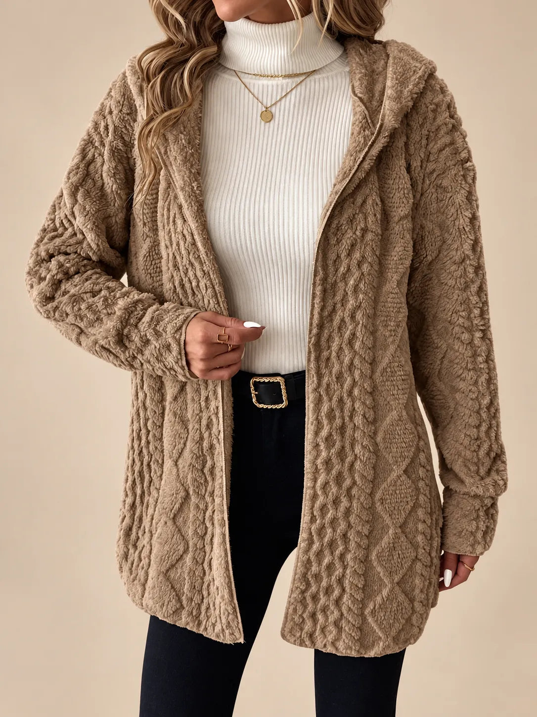 Eliana | Plush Cable-Knit Hooded Cardigan