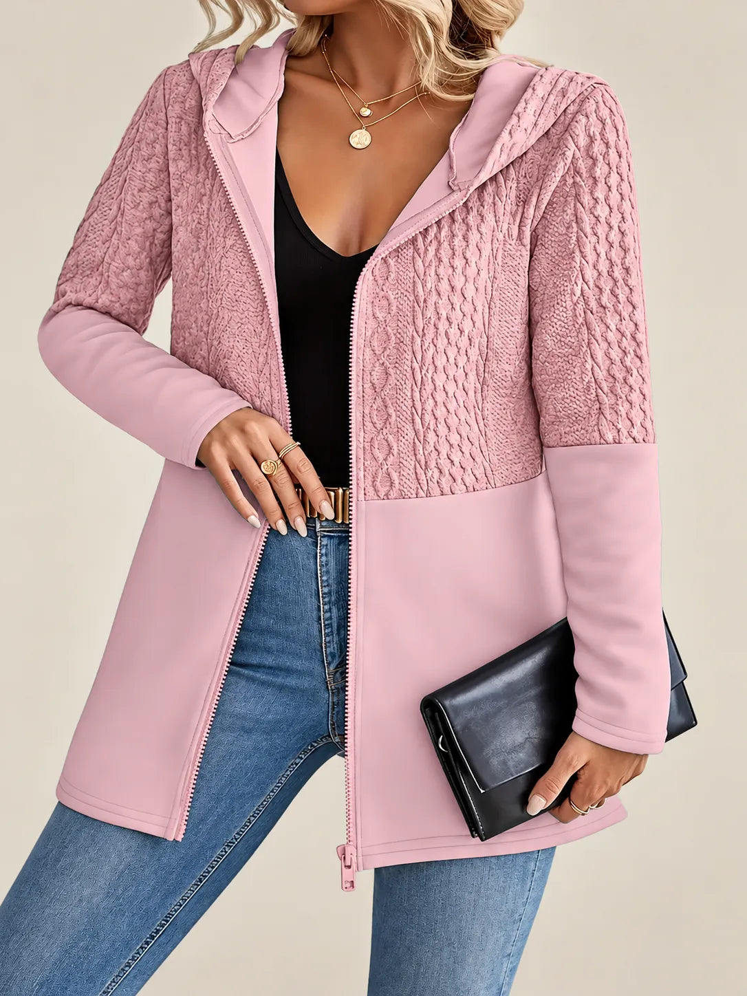 Adeline | Cable-Knit Textured Hooded Jacket
