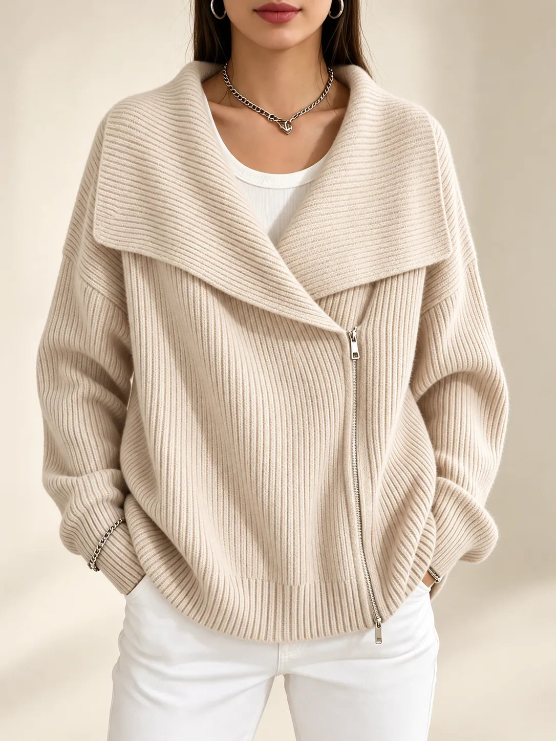 Vivienne | Oversized Collar Ribbed Knit Cardigan