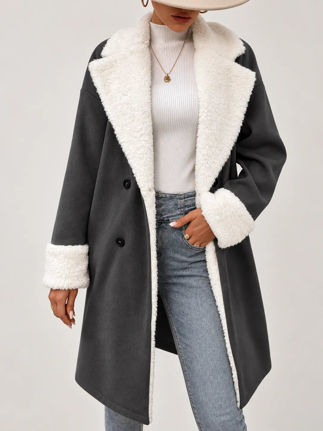 Celestine | Long Sherpa-Trimmed Suede-Look Coat