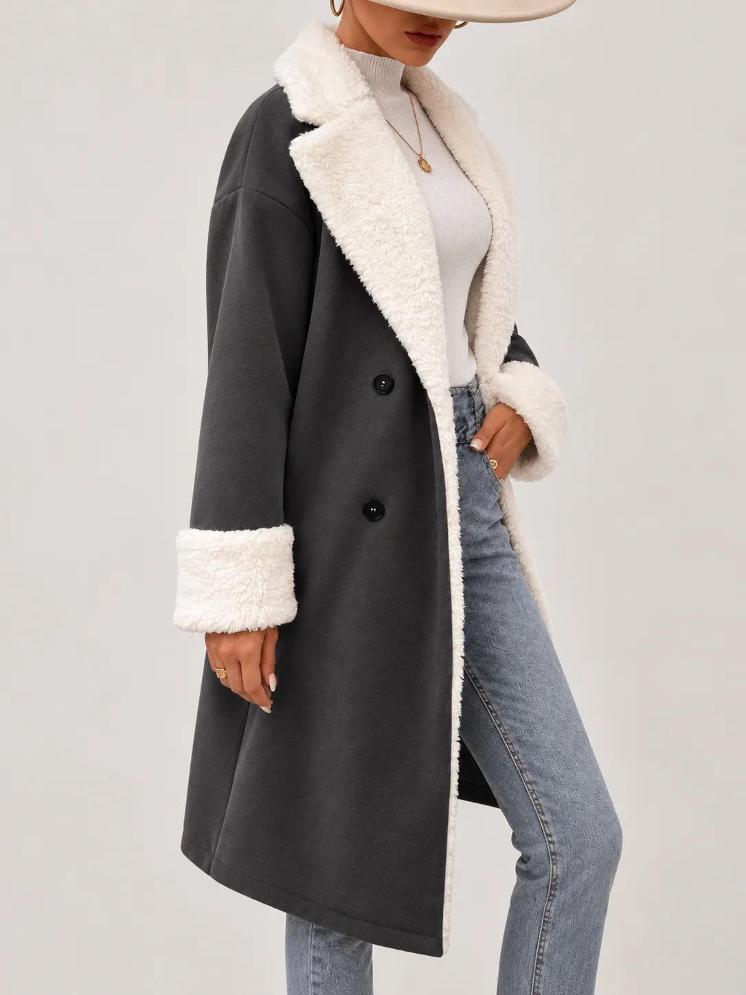 Celestine | Long Sherpa-Trimmed Suede-Look Coat