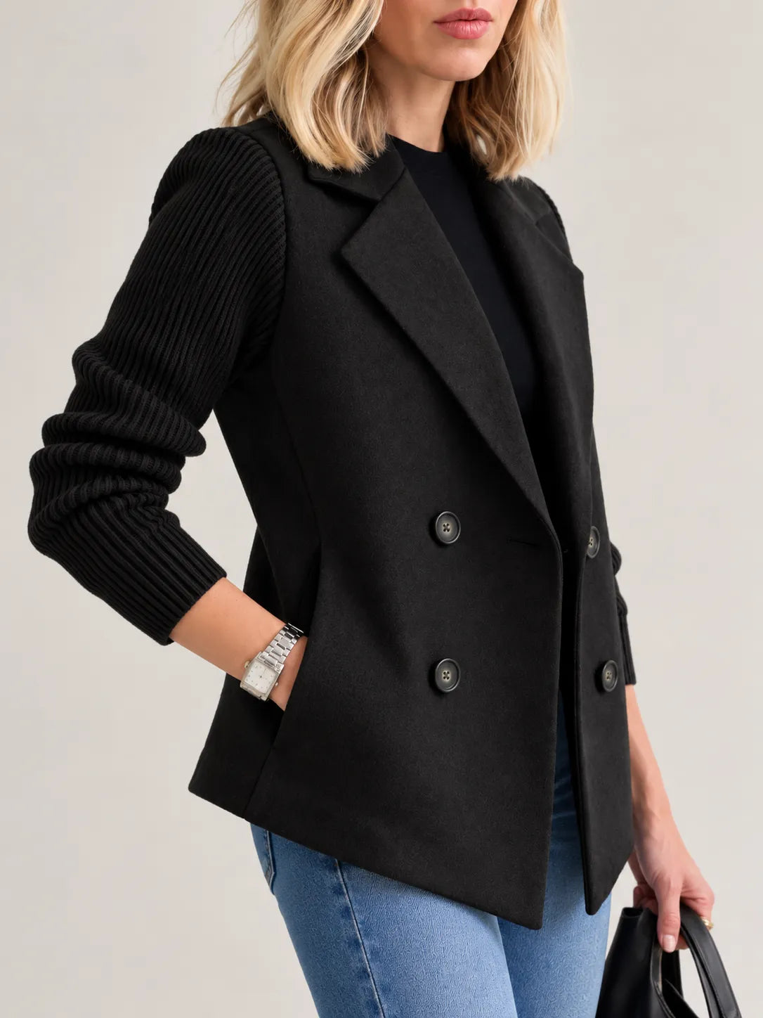 Celeste | Elegant Ribbed-Sleeve Double-Breasted Jacket