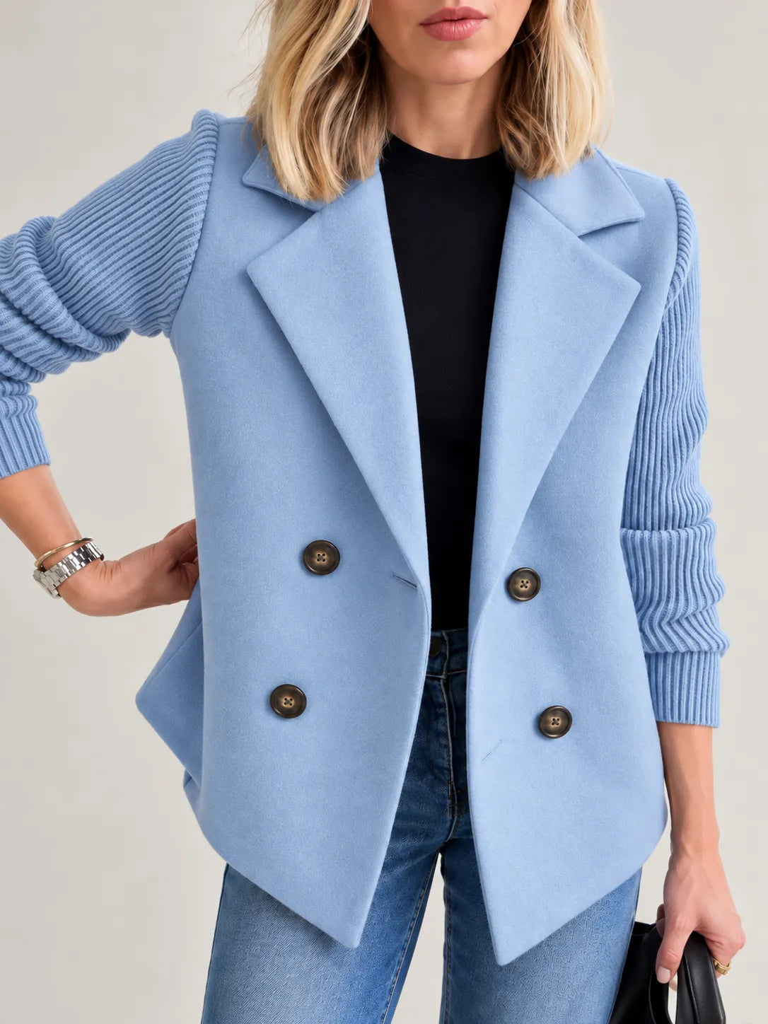 Celeste | Elegant Ribbed-Sleeve Double-Breasted Jacket