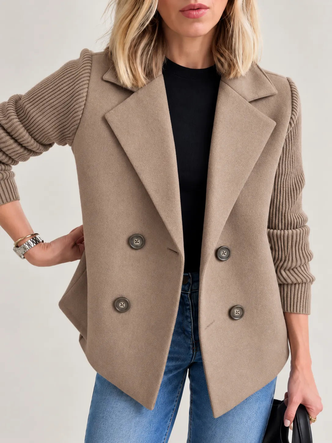 Celeste | Elegant Ribbed-Sleeve Double-Breasted Jacket