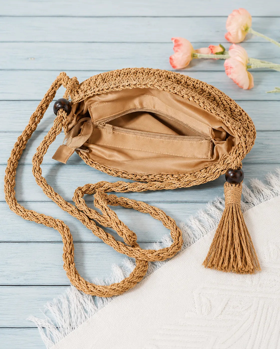 Round Woven Crossbody Bag with Tassel