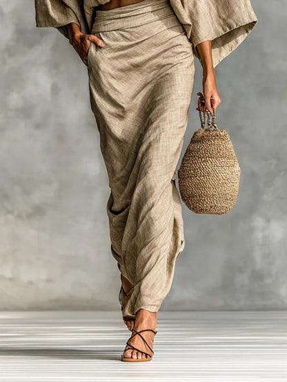 Cotton And Linen Blend Bat Sleeve Long Skirt Two-piece Set