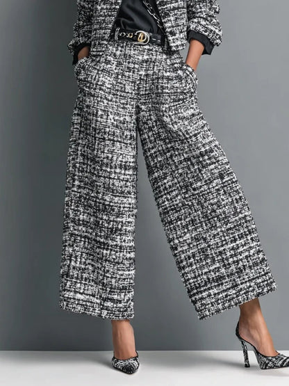 Tweed Print Blend Single-Breasted Cropped Jacket And Wide-Leg Pants Set