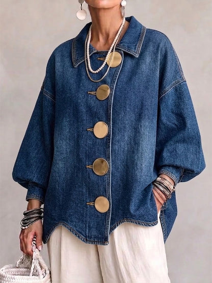 Collared Oversized Denim Jacket With Large Metal Buttons